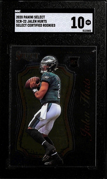 (5) SGC Graded Jalen Hurts Cards - 2020 Select Certified Rookies (SGC 10), 2020 Select Rookie (SGC 10), 2020 Chronicles Gridiron Kings Rookie Teal (SGC 10), 2020 Chronicles Playoff Momentum Rookie...